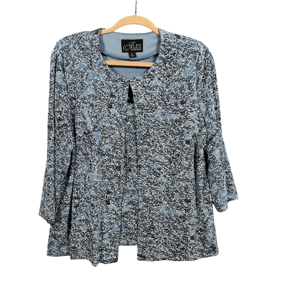 Alex Evenings Twin‎ Set Womens XL Blue Botanical Leaf Jacket and Tank 2pc